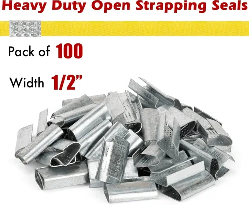 Vista 2 de Sellos abiertos para correas de 1/2 pulgada de ancho, clips de metal resistentes con poder de sujeción superior para asegurar embalajes pesados