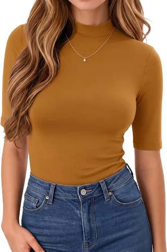 Vista 7 de MANGOPOP - Camiseta de cuello alto falso de manga 3/4 ajustada para mujer 03 Negro