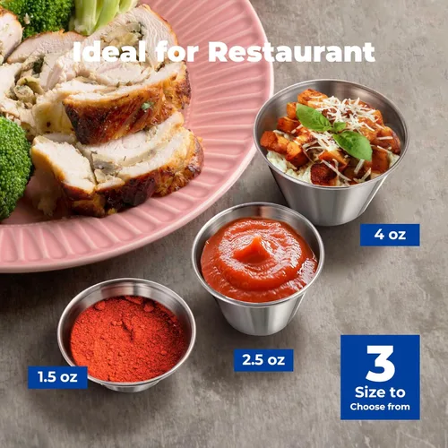 Vista 4 de Fit Meal Prep [Paquete de 12] Tazas de salsa de inmersión de acero inoxidable de 1.5 onzas, moldes de metal reutilizables, cuencos de condimentos