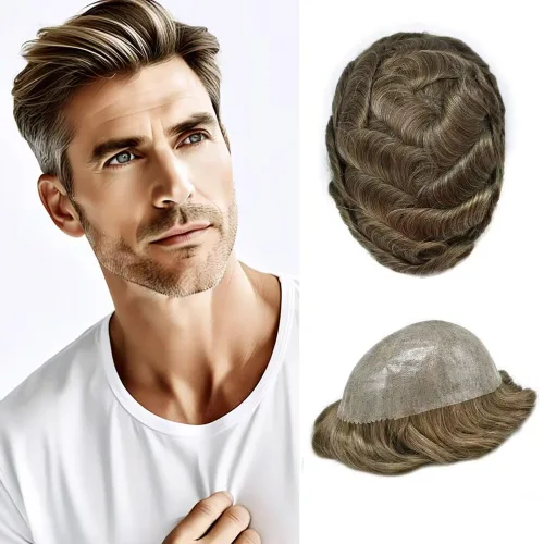 Vista 42 de Men's 8X10 All Poly Toupee Real Human Hair Replacement System, 0.1mm Thin Skin PU Injected Hairpiece, Scallop PU Front Natural Hairline #1 Jet