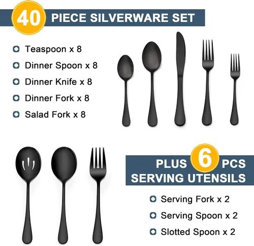 Vista 2 de LIANYU Juego de cubiertos negros de 46 piezas para 8, cubiertos de acero inoxidable con utensilios de servir, cubiertos elegantes que incluye
