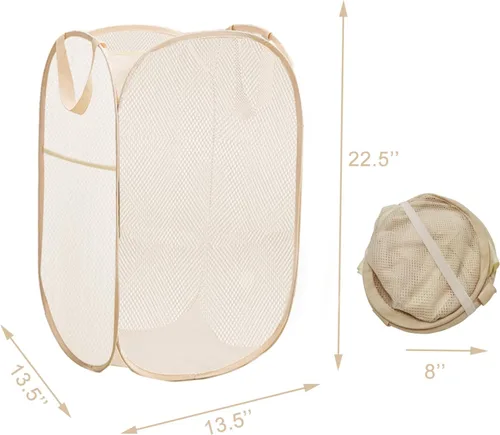Vista 4 de Cesta plegable para la ropa sucia, cesta de malla para almacenamiento para dormitorios universitarios, viajes, cruzar, acampar, color beige