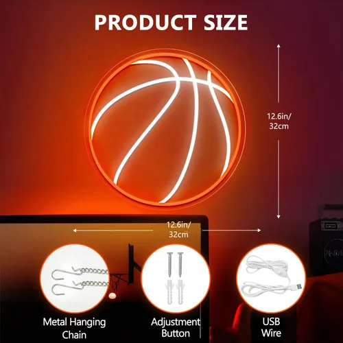 Vista 6 de Letrero de neón de baloncesto, luz de neón LED de baloncesto de 12.6×12.6 pulgadas, letreros de neón LED regulables para decoración de pared