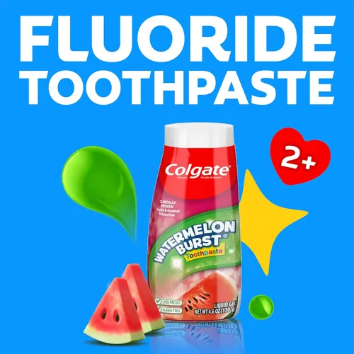 Vista 2 de Colgate pasta de dientes anticavidades para niños con flúor para edades de 2+, sabor a explosión de sandía - 4.6 onzas (4 unidades)