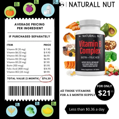 Vista 4 de Suplemento vitamínico complejo de vitamina B de alta potencia - B1 B2 B3 B5 B6, biotina B7, ácido fólico folato B9 y vitaminas B12 - Complejo
