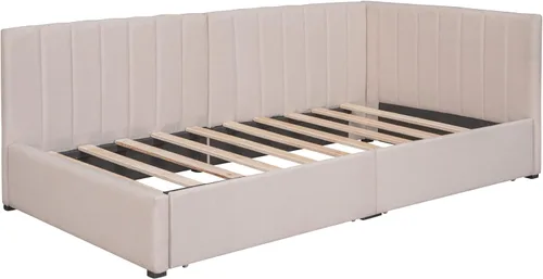 Vista 74 de Sofá cama de tamaño individual con 2 cajones y barandilla rústica, cama de plataforma capitán de madera con soporte de listones resistente, sofá
