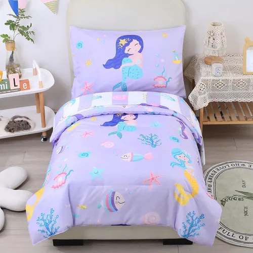 Vista 9 de URBONUR Conjunto de cama de 4 piezas para niños con tema espacial, cobertor de astronauta de cohete para niños pequeños, con sábanas, suave