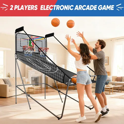 Vista 4 de JupiterForce Juego de Arcade de Baloncesto Plegable para Interiores, Máquina de Juego de Arcade de Canasta de Baloncesto Electrónica de Doble Tiro