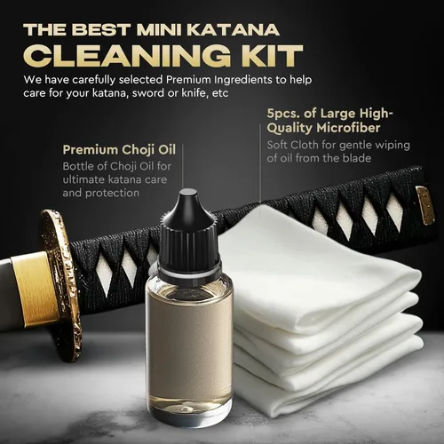 Vista 2 de Basic Katana Cleaning Kit with 5 pcs Cleaning Cloths and Bottle of Choji Oil - Maintenance Care Set for Samurai Swords - Care for Samurai Japanese