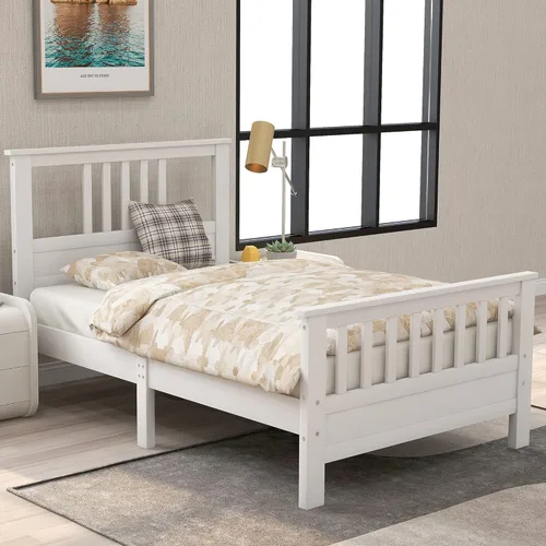 Merax Marco de cama de plataforma de madera maciza con cabecero y estribo, no necesita somier, fácil montaje para niños