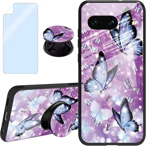Funda para Google Pixel 8 de 6.2 pulgadas con protector de pantalla + función atril con diseño de mariposas moradas, funda para Google Pixel 8,