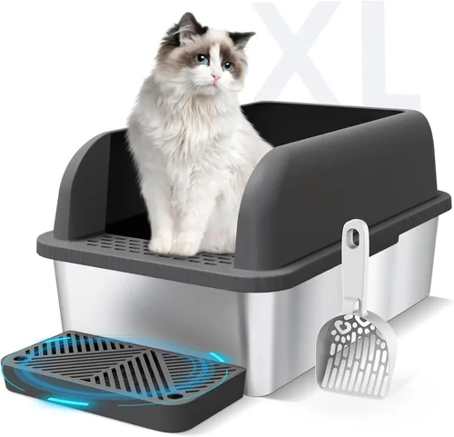 Caja de arena de acero inoxidable para gatos con tapa cerrada, caja de arena extra grande para gatos grandes, bandeja de arena de metal XL con