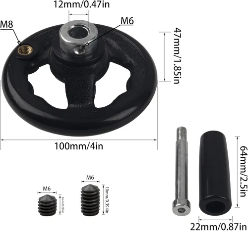 Vista 2 de Rueda de mano redonda de 0.47x4 pulgadas de diámetro con manija giratoria de perilla para torno de manivela de taladro de molino