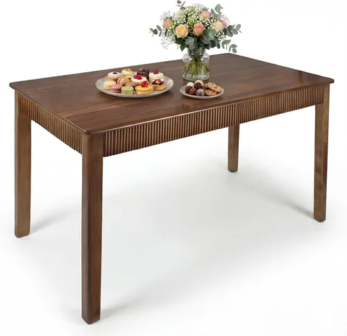 Vista 9 de Mesa de comedor de madera maciza de 39 pulgadas para 2-4, mesa rectangular moderna de madera real, diseño acanalado de mediados de siglo