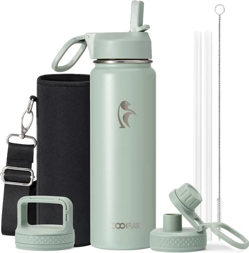 Vista 46 de Coolflask - Botella de agua de 64 onzas aislada, con popote y 3 tapas, de acero inoxidable con boca ancha, libre de BPA, mantiene las bebidas frías