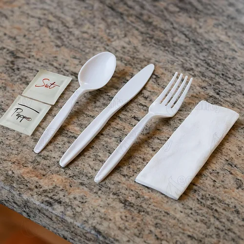 Vista 7 de EcoQuality Kit de cubiertos envueltos 6 en 1 – Tenedor/Cuchara/Cuchillo/Servilleta/Sal/Pimienta – Kit de cubiertos desechables, perfecto