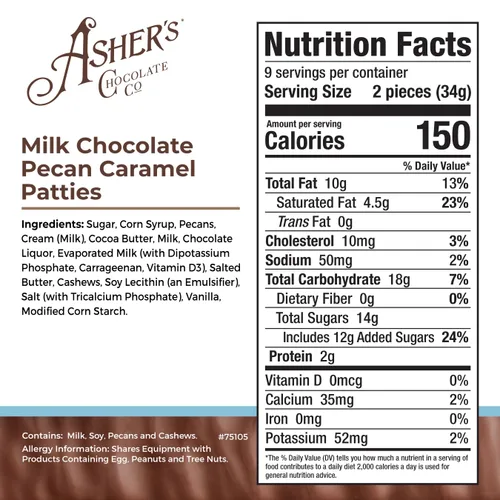 Vista 2 de Asher's Chocolates, Empanadas de caramelo de nuez, patty de caramelo de chocolate con leche, caja de regalo, pequeños lotes de chocolate kosher