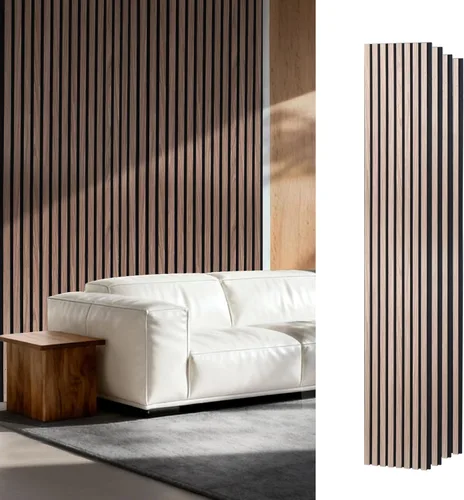 Vista 12 de Paneles de pared de listones de madera acústica, paneles insonorizados de roble blanco para decoración de paredes interiores, diseño moderno, 94 x
