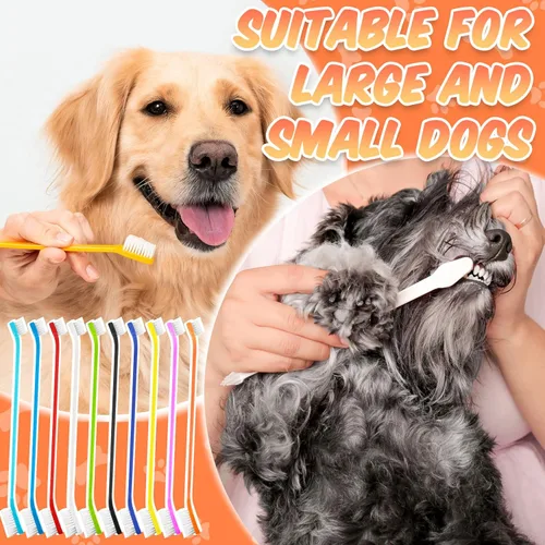 Vista 6 de Potchen 100 cepillos de dientes para perros, kit de cepillo de dientes de doble cabeza para mascotas, cerdas suaves, mango largo, doble cara
