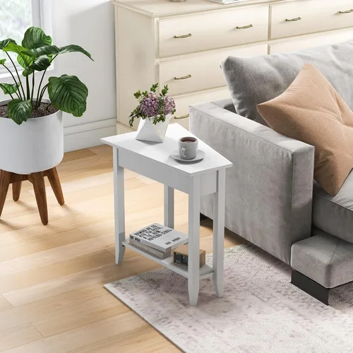 Vista 7 de Giantex Mesa Auxiliar de Cuña Blanca, Mesa Auxiliar Triangular con Estante de Almacenamiento y Patas de Madera Maciza, Mesa para Sillón Reclinable