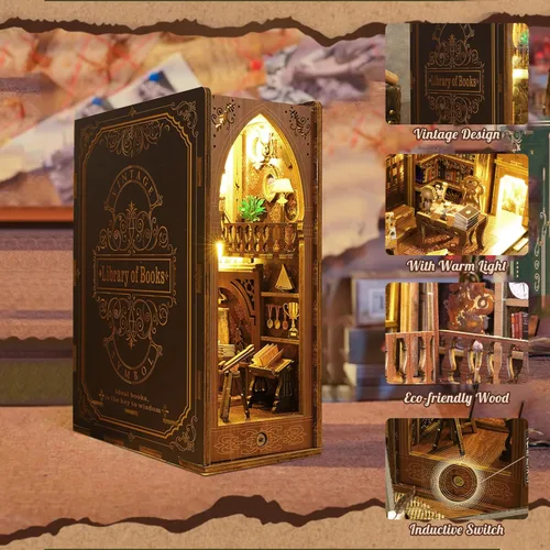 Vista 3 de Kit de Rincón de Libros, MOJINO Rompecabezas 3D en Miniatura DIY Sujetalibros de Madera Casa de Muñecas con Luces LED para Decoración de Estantería