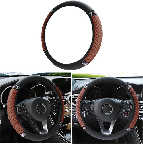 Vista 17 de Funda de cuero suave para volante, 15 pulgadas, con diamantes de imitación coloridos, protector de volante elástico automático, diamante de cristal