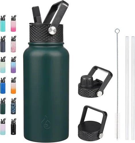 Vista 91 de BJPKPK - Botellas de agua aisladas con tapa de popote, botella de agua de acero inoxidable de 27 onzas con 3 tapas, termo de metal libre de BPA a