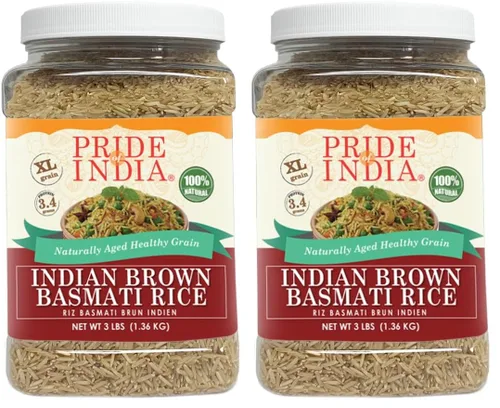 Vista 8 de Pride Of India - Paquete de 6 - Arroz Basmati Extra Largo Marrón - Grano Saludable Naturalmente Envejecido, Frasco de 1.5 Libras