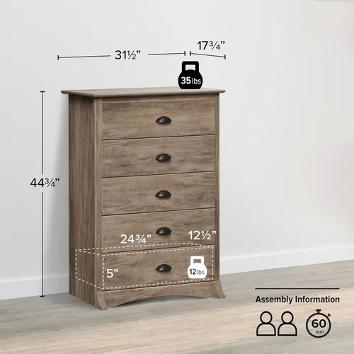 Vista 46 de Prepac Cómoda rústica estilo casa de campo, cómoda negra para dormitorio, cómoda con 5 cajones de 18.5 pulgadas de profundidad x 27.5 pulgadas