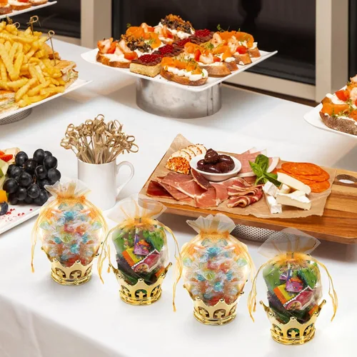 Vista 7 de Noamus Paquete de 30 coronas rellenables con bolsa, copa de plástico dorada con bolsas con cordón, cajas de almacenamiento decorativas para dulces