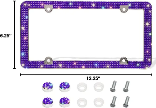 Vista 7 de Marco de matrícula Bling de Otostar, hecho a mano con 4 filas de diamantes de imitación brillantes, marco de matrícula de acero inoxidable con 4
