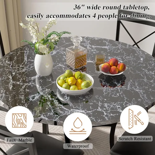 Vista 3 de VECELO Juego de mesa de comedor de 5 piezas para 4, comedor de mármol sintético con sillas para cocina, rincón de desayuno, espacio pequeño, negro