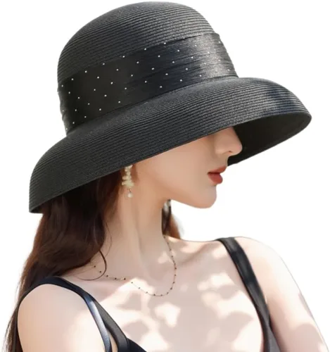Vista 6 de Sombrero de playa para mujer, sombrero de paja de ala ancha para mujer, gorra de ala ancha flexible con protección UV UPF 50+ Beige