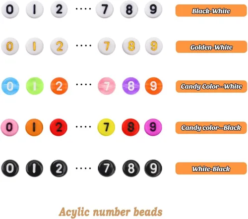 Vista 4 de Cuentas de números de 5 colores para hacer joyas, cuentas de números de pulsera de 0.16 x 0.27 pulgadas, moneda de disco redondo plano 0-9 cuentas