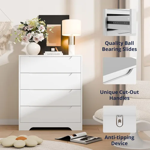 Vista 6 de Cozy Castle Cómoda Moderna de 4 Cajones Organizador de Almacenamiento, Cómodas de Madera y Cajoneras con Riel de Metal Liso, Blanco