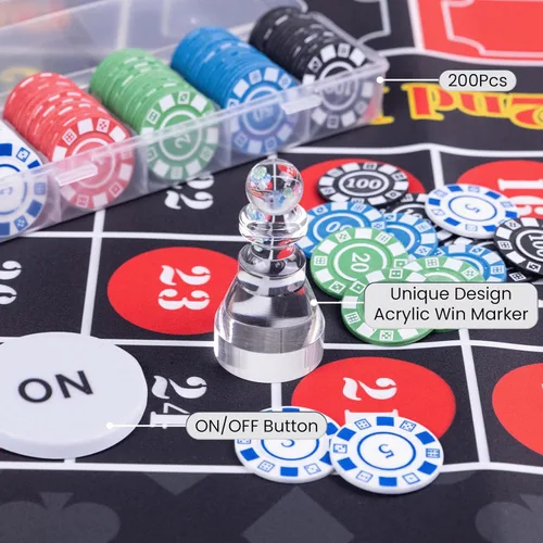 Vista 5 de WodGod Juego de ruleta y dados con alfombrilla de diseño de mesa de doble cara, rueda de ruleta de madera maciza de 10 pulgadas, 200 fichas