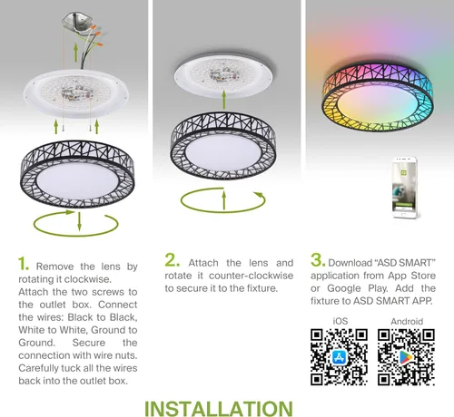 Vista 9 de ASD Lámpara de techo inteligente RGBW de 12 pulgadas con control remoto, color negro mate de 20 W, 120 V, 2700-6500 K, regulable, control