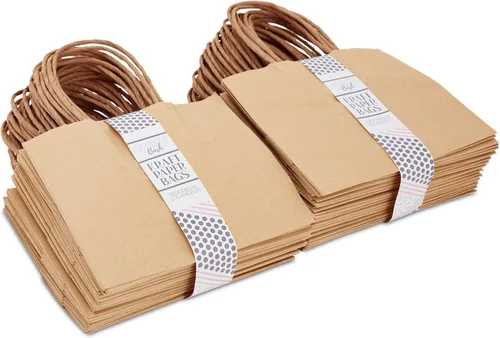 Vista 6 de Paquete de 50 pequeñas bolsas de regalo de papel kraft con asas, bolsa de compras marrón a granel para regalos de cumpleaños y bodas, 6 x 5 x 2.5