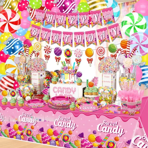 Vista 3 de Candyland - Decoraciones de fiesta de cumpleaños con temática de piruletas, incluyendo globos, pancarta, platos, manteles, vasos, servilletas