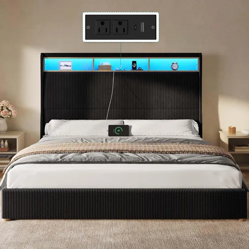 Vista 39 de DWVO Base de cama de plataforma tamaño Queen con cabecera y estribo de 60 pulgadas de alto, cama tapizada de terciopelo con luz LED, patas de madera