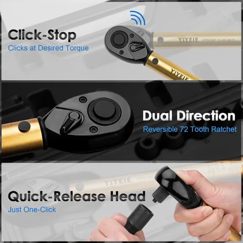Vista 4 de YIYEIE Llave dinamométrica de 1/2 pulgada, 10-160 FT.LB (10-227 Nm), juego de llaves dinamométricas profesionales de 72 dientes con adaptador de 3/8