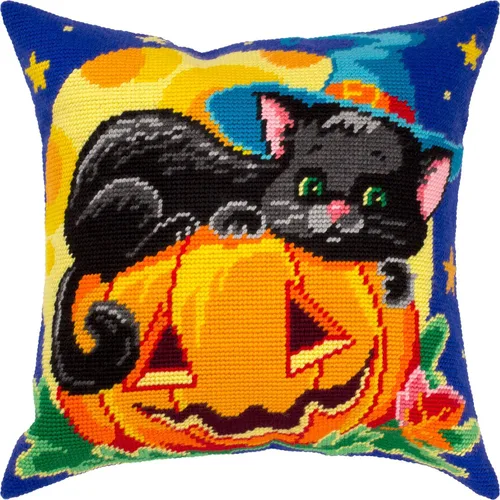 Brvsk Kit de punto de aguja de otoño para adultos y principiantes - Gato de Halloween de 16 x 16 pulgadas con diseño impreso claro y preciso en