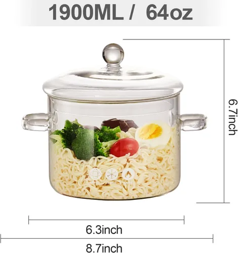 Vista 3 de Ollas de cocina de vidrio, 64 oz/64.2 fl oz con tapas cacerola con tapa, olla a fuego lento, hecha a mano, vidrio de borosilicato resistente al