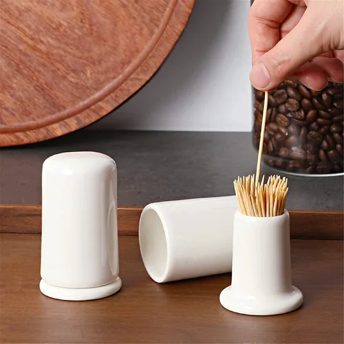 Vista 3 de ONTUBE Ceramic Toothpick Holder with Lid,Toothpick Dispenser for Home, Easy To Clean Set of 2, White