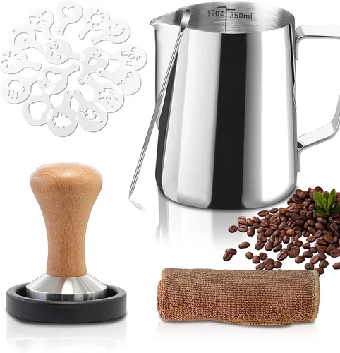 Gevi Jarra espumadora de leche de 12 onzas 11.8fl oz para café con leche, capuchino, arte con distribuidor de café de 2.008in, 16 plantillas de