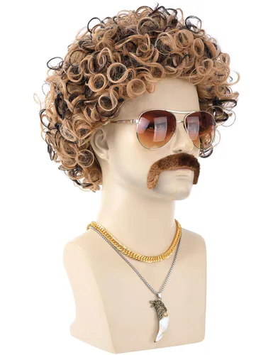 Vista 6 de Juego de 6 pelucas de discoteca de los años 70 y 80 con lentes de bigote, collar de lobo artificial, cadena dorada, cabello corto y rizado, peluca