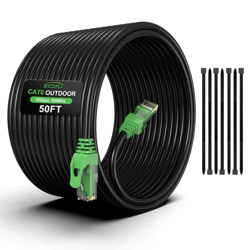 Vista 10 de Cable Ethernet Cat6 para exteriores de 20 pies, enterrado, entierro directo resistente, cable de conexión CCA de 24 AWG para laptops, PC, routers