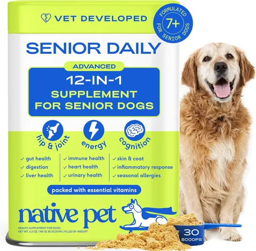 Native Pet Vitaminas y suplementos diarios para perros mayores – Polvo multivitamínico 12 en 1 para perros mayores – Apoya la movilidad, la