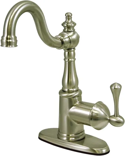 Kingston Brass FS7648BL Inglés Vintage Grifo de lavabo de una sola manija con Push Pop-Up y placa, níquel cepillado