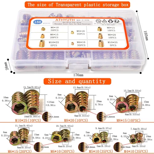 Vista 2 de Insertos roscados para madera, 150 piezas de aleación de zinc, kit surtido de tuercas para madera blanda, enchufe hexagonal con bridas roscadas